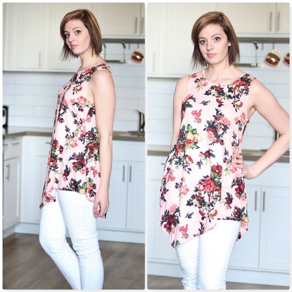 AJ's Threads Tops - Sleeveless Floral Sharkbite Tank Tunic-Blush